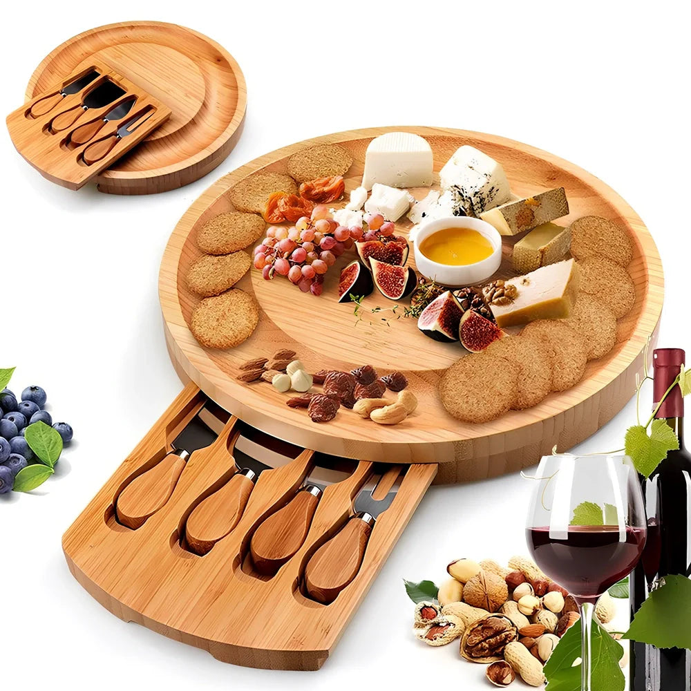 Round bamboo cheese board 25cm with knife on wooden table