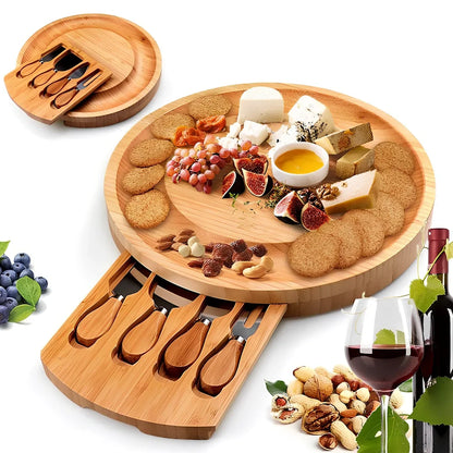 Round bamboo cheese board 25cm with knife on wooden table
