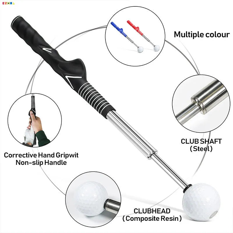 Golf telescopic swing simulator with adjustable stainless steel shaft and weighted head in black, blue, or red colours