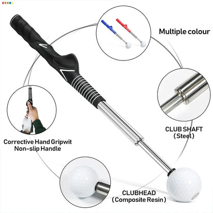 Golf telescopic swing simulator with adjustable stainless steel shaft and weighted head in black, blue, or red colours
