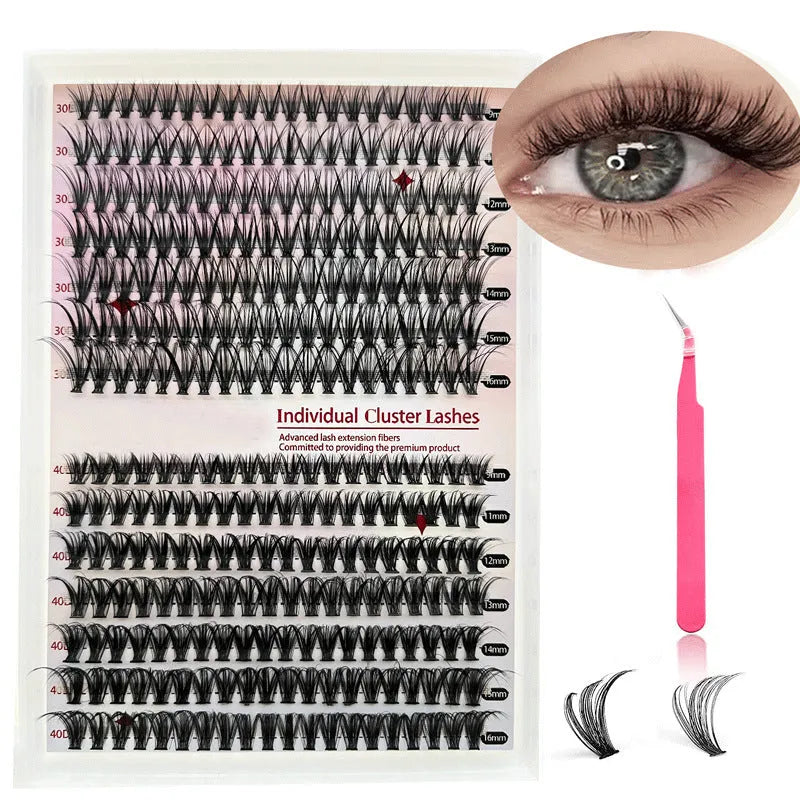 DIY cluster false eyelashes mixed package showing boxes of 30D and 40D lashes with tweezers
