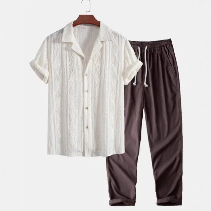 Slim-fit casual suit with digital camouflage print, short-sleeved lapel shirt, and matching trousers for leisure wear