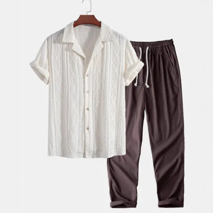 Slim-fit casual suit with digital camouflage print, short-sleeved lapel shirt, and matching trousers for leisure wear