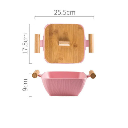 Porcelain ceramic bowl with irregular shape and matching lid in choice of four colours