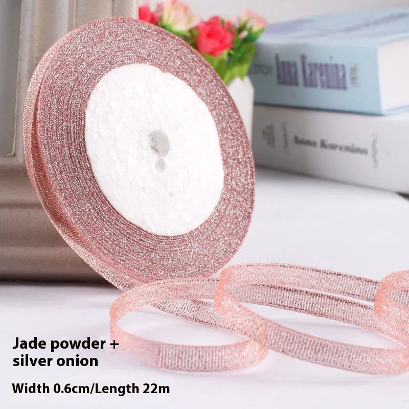 Polyester gift packaging bow ribbon showing 0.6cm width and colour options including gold leaf and metallic variations