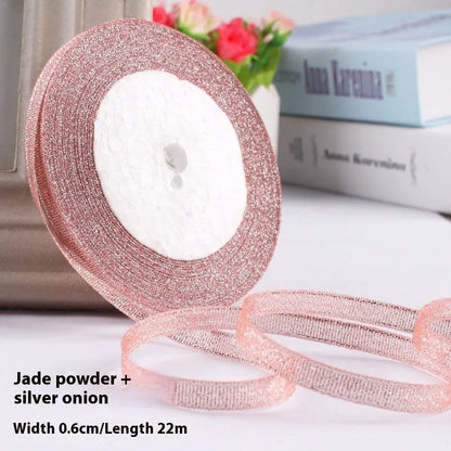Polyester gift packaging bow ribbon showing 0.6cm width and colour options including gold leaf and metallic variations