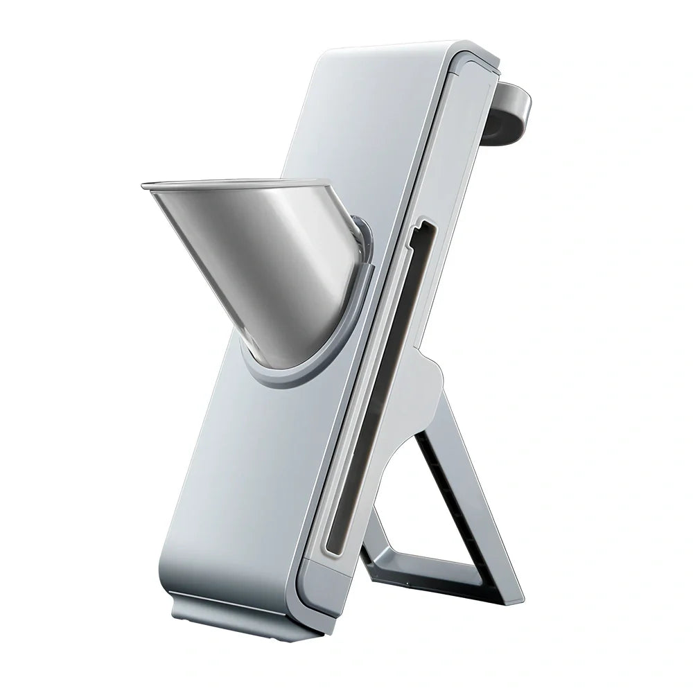 Hand-crank vegetable cutter with three stainless steel blades and fresh-keeping container, grey colour, 28.8cm length