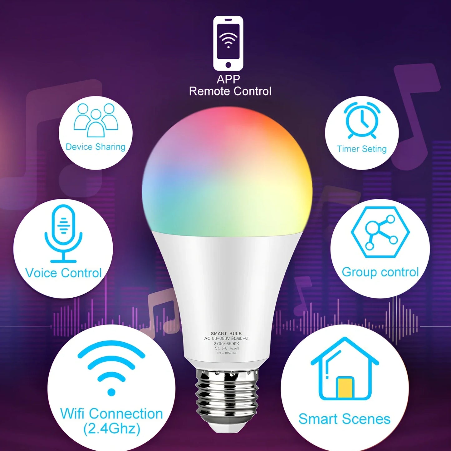 Smart WiFi bulb with plastic-clad aluminium body, 60mm diameter, compatible with voice control systems