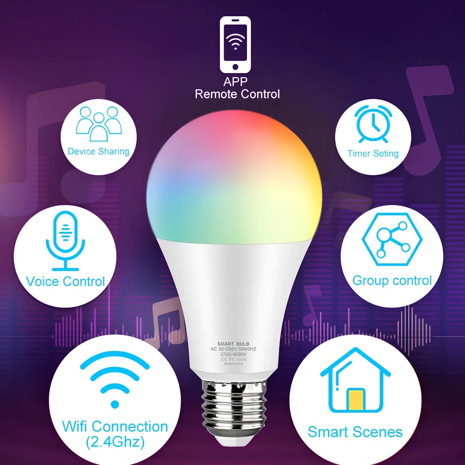 Smart WiFi bulb with plastic-clad aluminium body, 60mm diameter, compatible with voice control systems