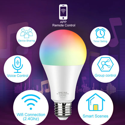 Smart WiFi bulb with plastic-clad aluminium body, 60mm diameter, compatible with voice control systems
