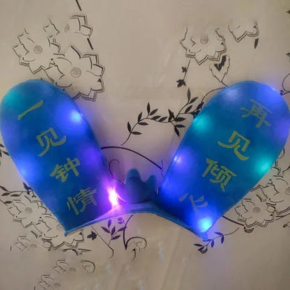 Rabbit ear ski helmet ornament with LED lighting and Velcro base attachment for helmet customisation