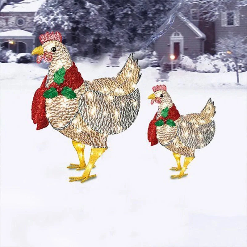 Iron Christmas lantern chicken with scarf for garden decoration