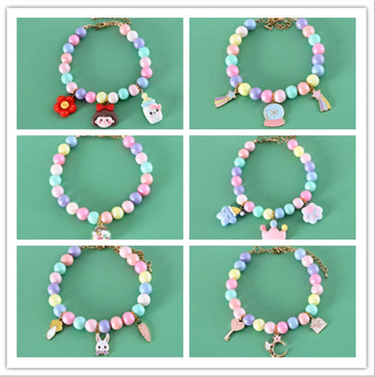 Adjustable resin pet collar with macaron designs in six colours, showing sizing from 15-38cm