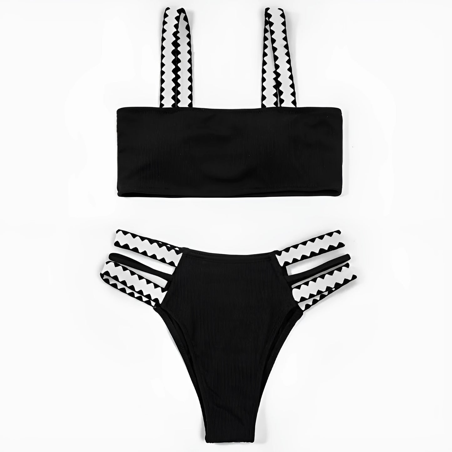 Black hollowed-out split briefs swimsuit for women made from polyester fabric