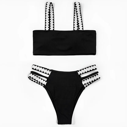 Black hollowed-out split briefs swimsuit for women made from polyester fabric