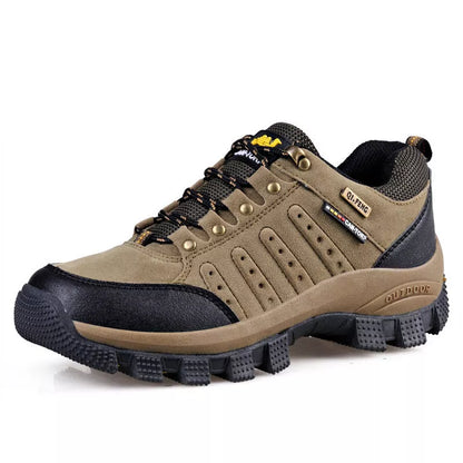 Men's and women's large size non-slip hiking shoes in Khaki/Yellow, Dark Green/Yellow, and Brown/Orange