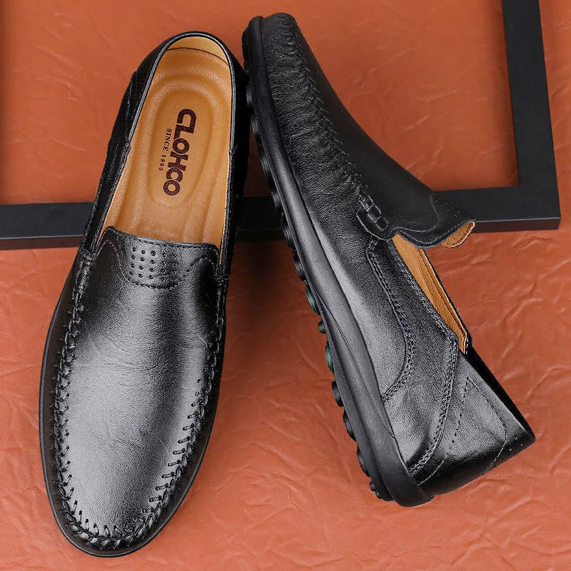 Men's casual leather shoes with cowhide uppers and round toe design in multiple colour options