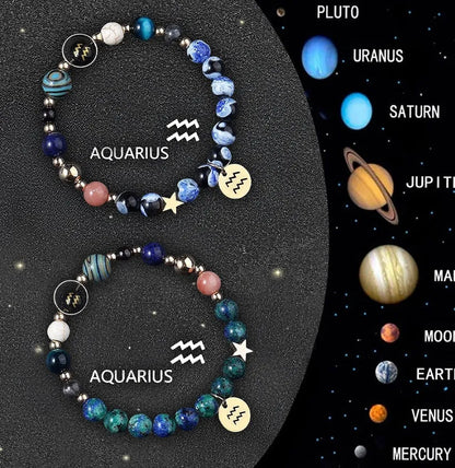 Twelve Zodiac Sign beaded bracelet set with natural stone beads and adjustable closure on wrist