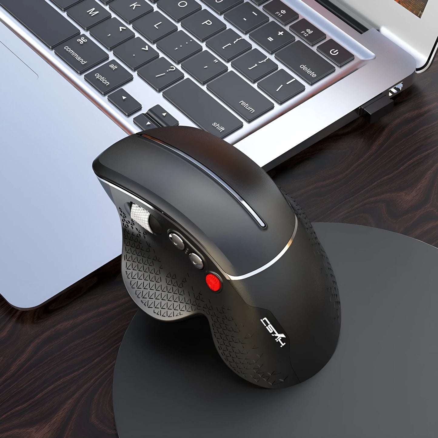 T32 black and silver grey wireless vertical ergonomic mouse with aluminium side roller.