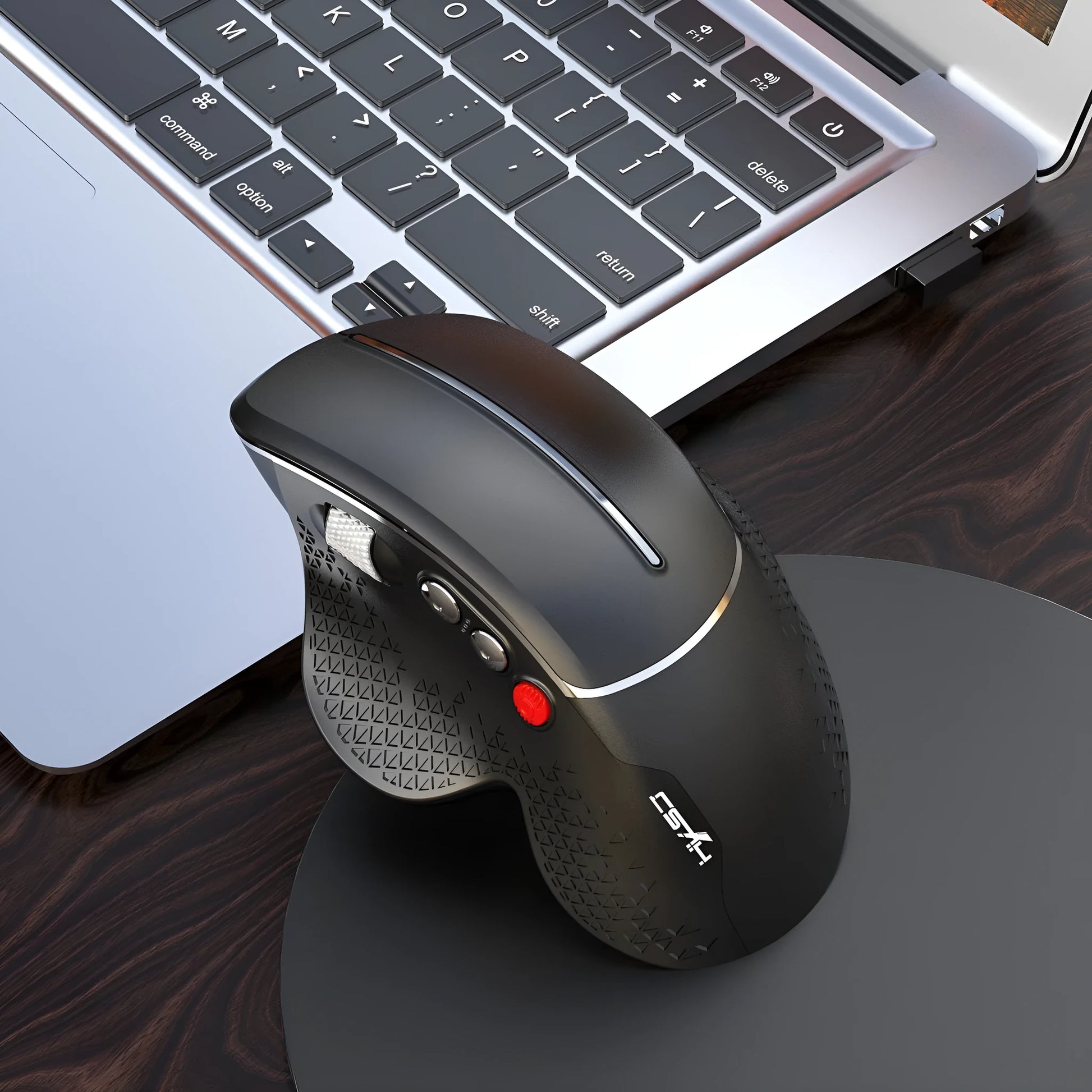 T32 black and silver grey wireless vertical ergonomic mouse with aluminium side roller.
