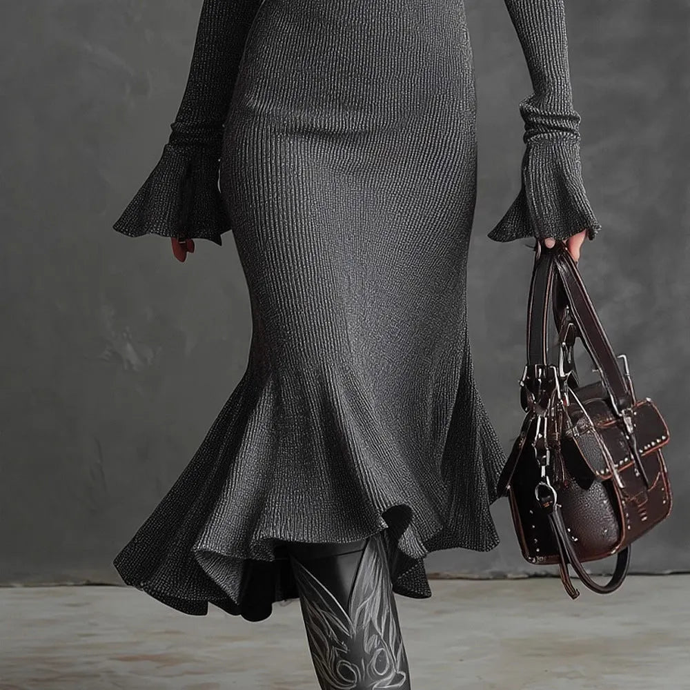 Dark gray polyester fishtail skirt with zip and bell sleeves, long length, sizes S to XXL