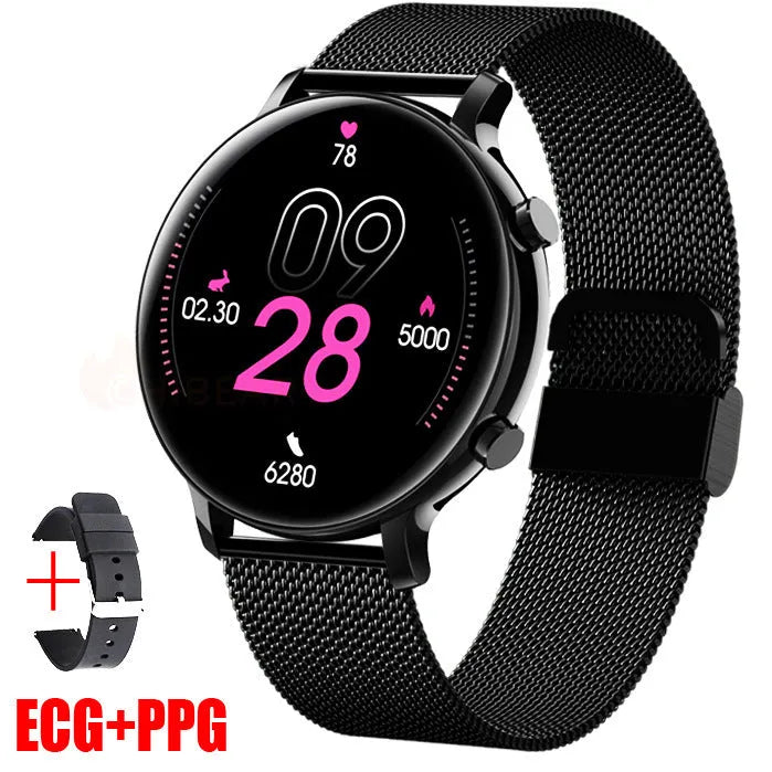 Bluetooth smartwatch with stainless steel strap showing heart rate monitoring display