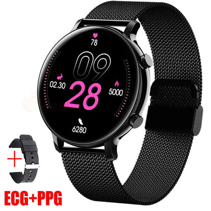 Bluetooth smartwatch with stainless steel strap showing heart rate monitoring display