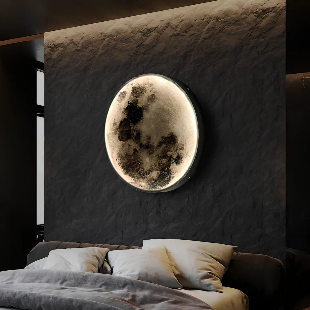 Moon wall lamp with 300mm diameter and warm dimmable light mounted on bedroom wall