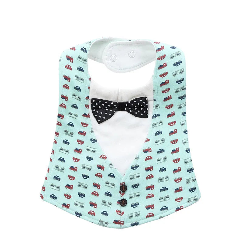 Adjustable baby bow tie bib in four-layer waterproof design, free size, shown in a choice of colour prints