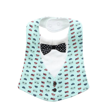 Adjustable baby bow tie bib in four-layer waterproof design, free size, shown in a choice of colour prints
