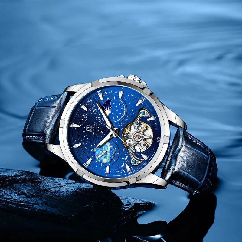 Men's automatic mechanical watch with blue dial and stainless steel bracelet, showing 14mm case thickness
