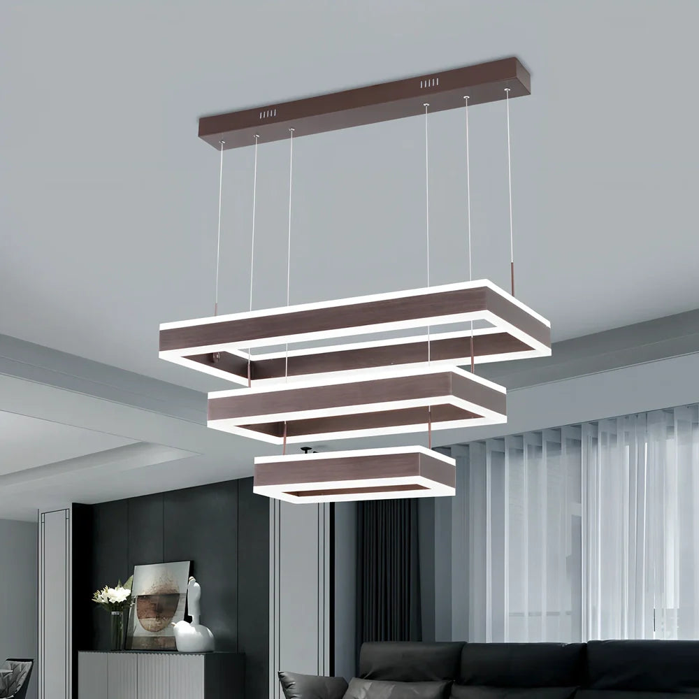Brown aluminium fish pendant ceiling light with remote control and multiple circle sizes