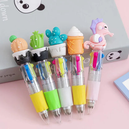 Cartoon-themed four-colour press ballpoint pen with 0.7mm tip showing random design selection