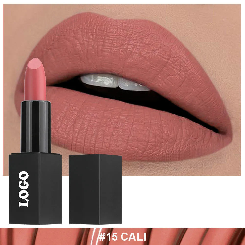 Beauty Does Not Fade matte finish lipstick in nonstick cup packaging, showing range of 24 colour shades.