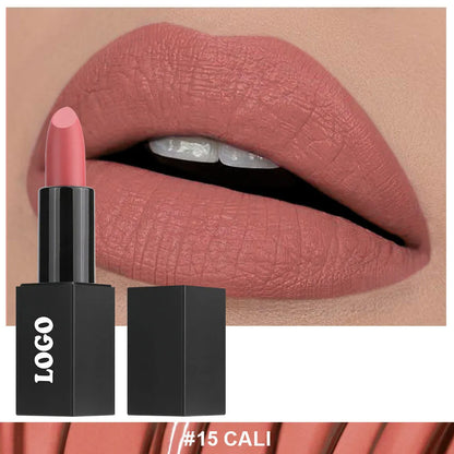 Beauty Does Not Fade matte finish lipstick in nonstick cup packaging, showing range of 24 colour shades.