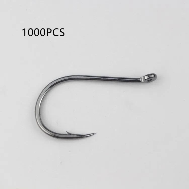 Bulk pack of alloy carbon steel sea fishing hooks with barbed crooked mouth design in various sizes.