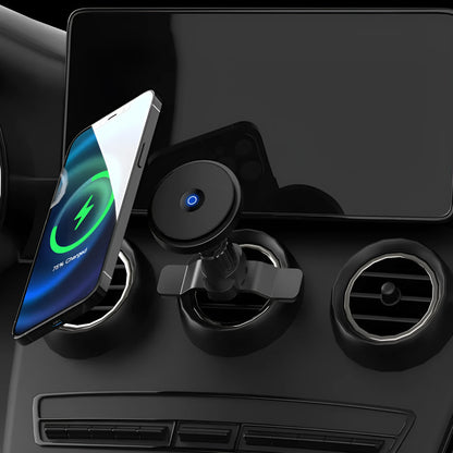 Black 15W magnetic car wireless charger mounted on a car air vent, showing aluminium alloy and ABS construction.