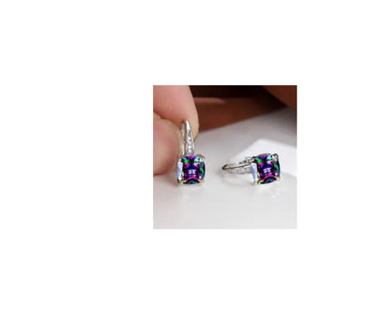 Square geometric ear clips with colourful moissanite inlays and a metallic electroplated finish.