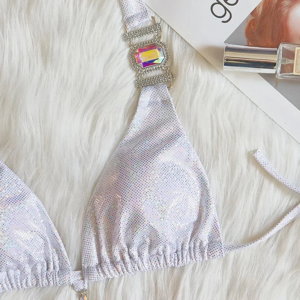 Halter bikini set with adjustable ties and metallic glitter finish in silver, blue, gold, or green