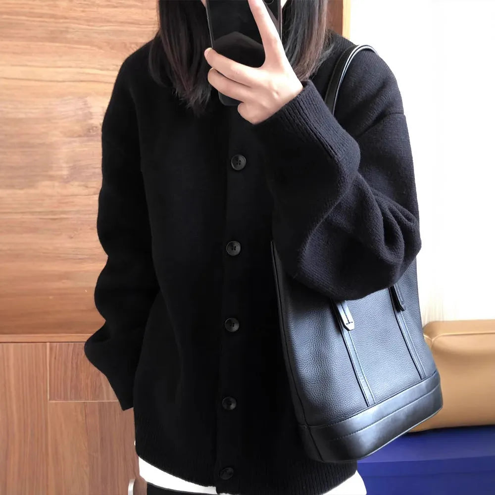 Black cotton cardigan sweater coat for women, long sleeves, medium thickness, Japanese Korean style, sizes S to XL