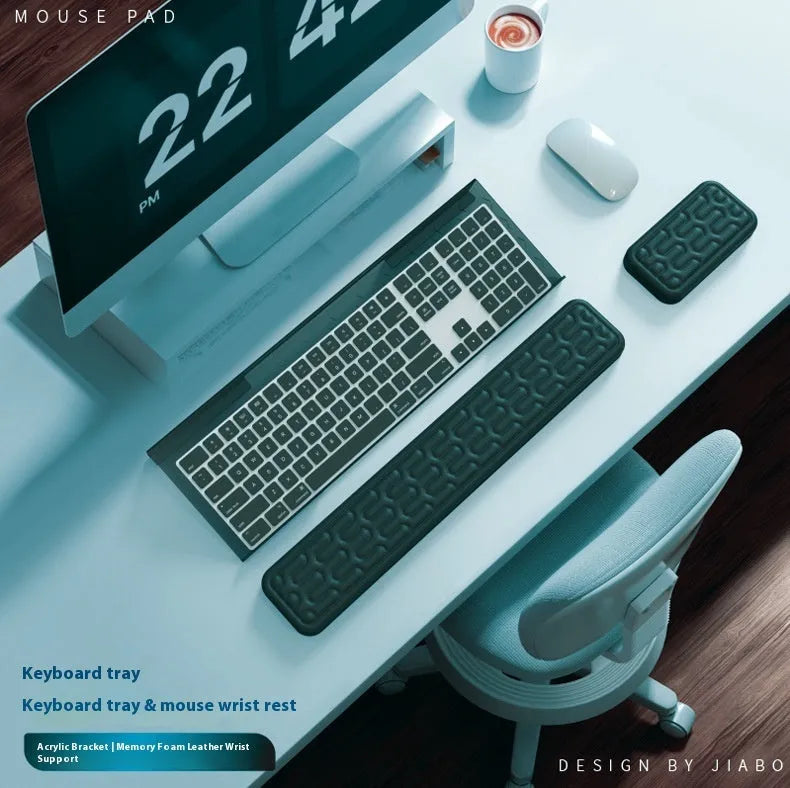 Double-sided memory foam keyboard and mouse desk pad set with gel wrist support pillow.