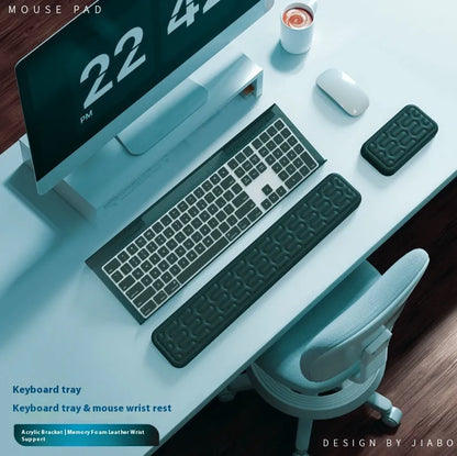 Double-sided memory foam keyboard and mouse desk pad set with gel wrist support pillow.