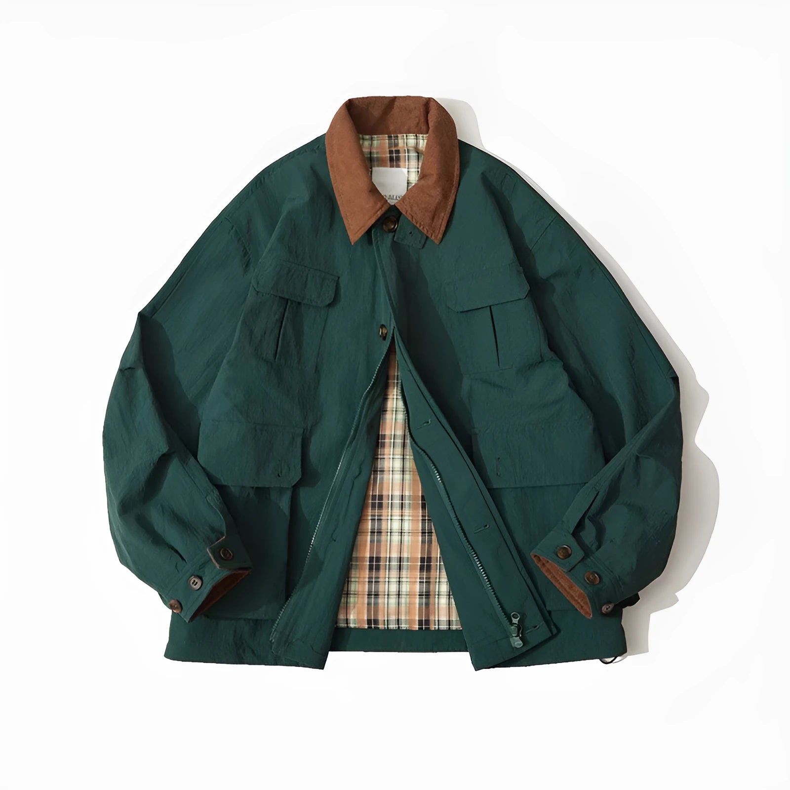 Green and apricot unisex polyester casual jacket with side seam pockets on a hanger