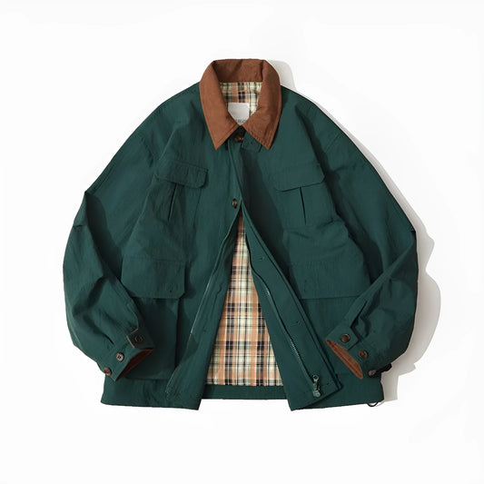 Green and apricot unisex polyester casual jacket with side seam pockets on a hanger