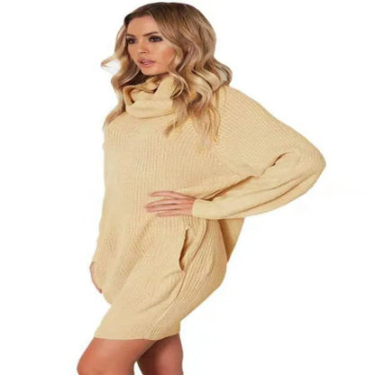 Women's apricot lapel-neck sweater with side pockets, loose slim fit.