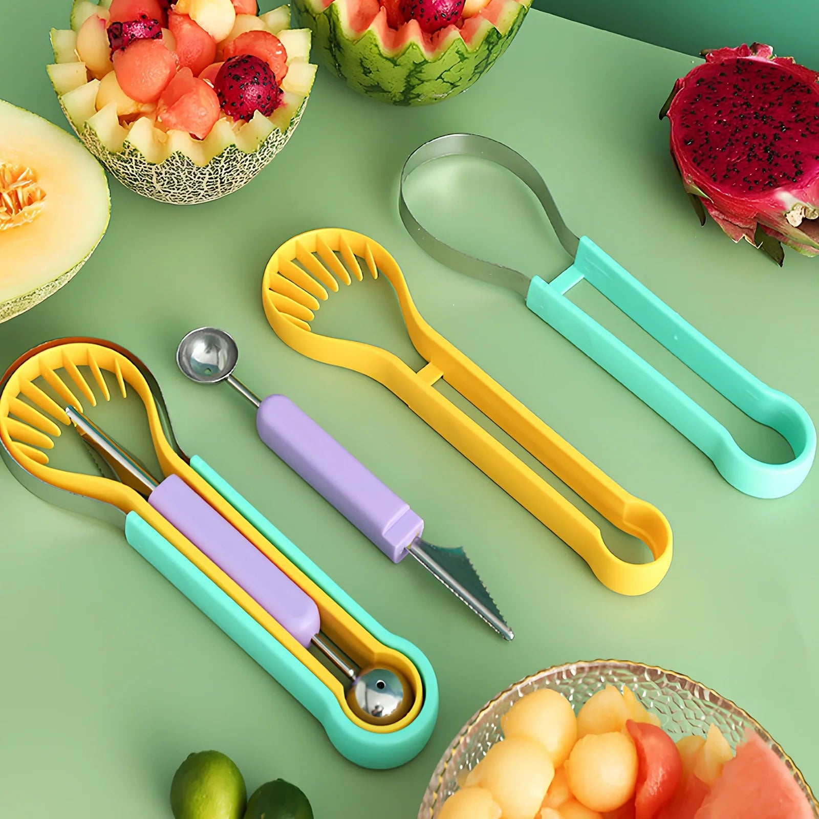 Three nested fruit tools showing V-shaped carver, large scoop and small scoop with PP plastic handles