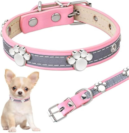 Reflective adjustable dog collar with paw rivet on soft PU leather, showing metal buckle and five adjustment holes