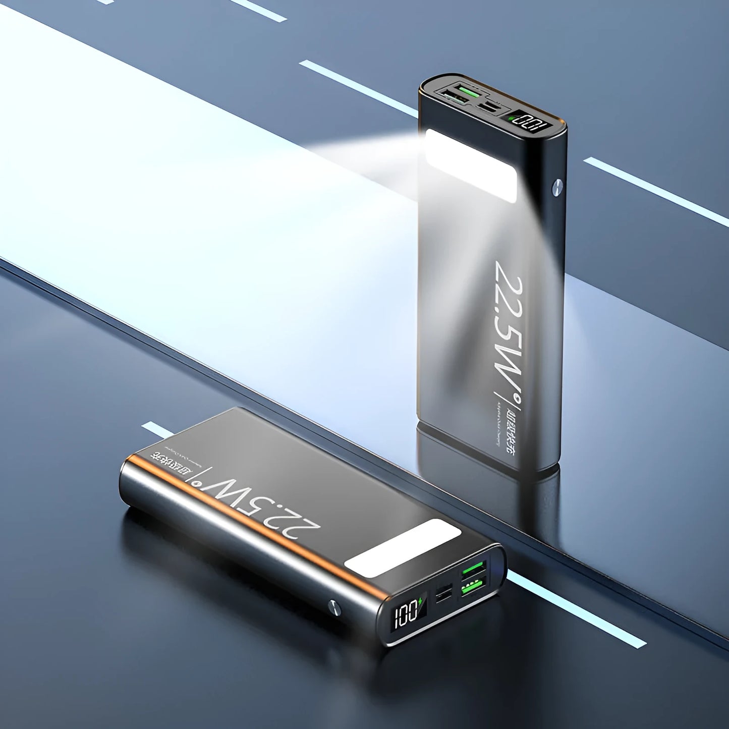 Alloy shell power bank with LCD display showing 22.5W super fast charging and 20000mAh capacity