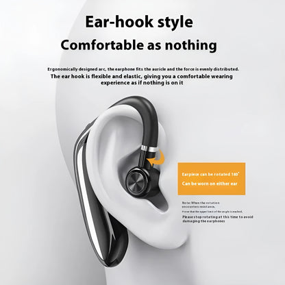 Wireless Bluetooth clip-on headset in piano black, plastic body, 10m range, noise reduction, 8+ hour battery.