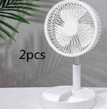 Black telescopic portable folding fan shown extended to full height on a desk, with control panel visible.